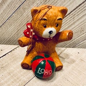 Vintage 1989 Ceramic Teddy Bear Christmas Ornament Red Polka Dot Scarf China